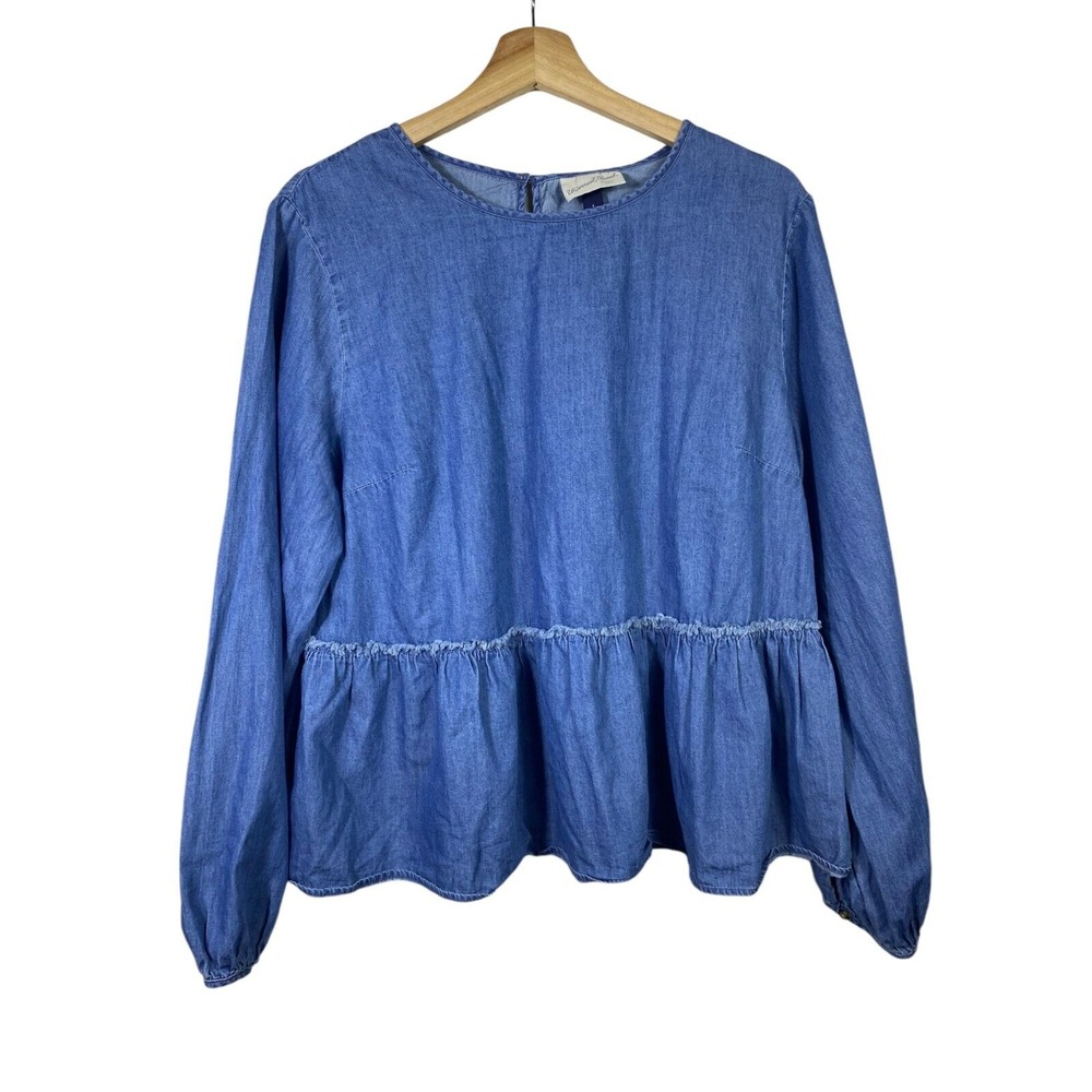 Universal Thread Womens Sz‎ L Top Blue Chambray Denim Peplum Long Sleeve Blouse